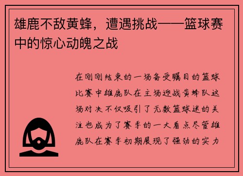 雄鹿不敌黄蜂，遭遇挑战——篮球赛中的惊心动魄之战